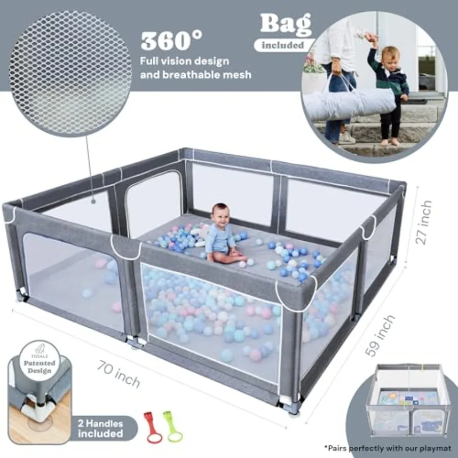 Kojec dla niemowląt - 178 x 150 cm szary - Bardzo duży kojec z siatki dla niemowląt i małych dzieci - Odporny na rozdarcia materiał Ox i przyssawki