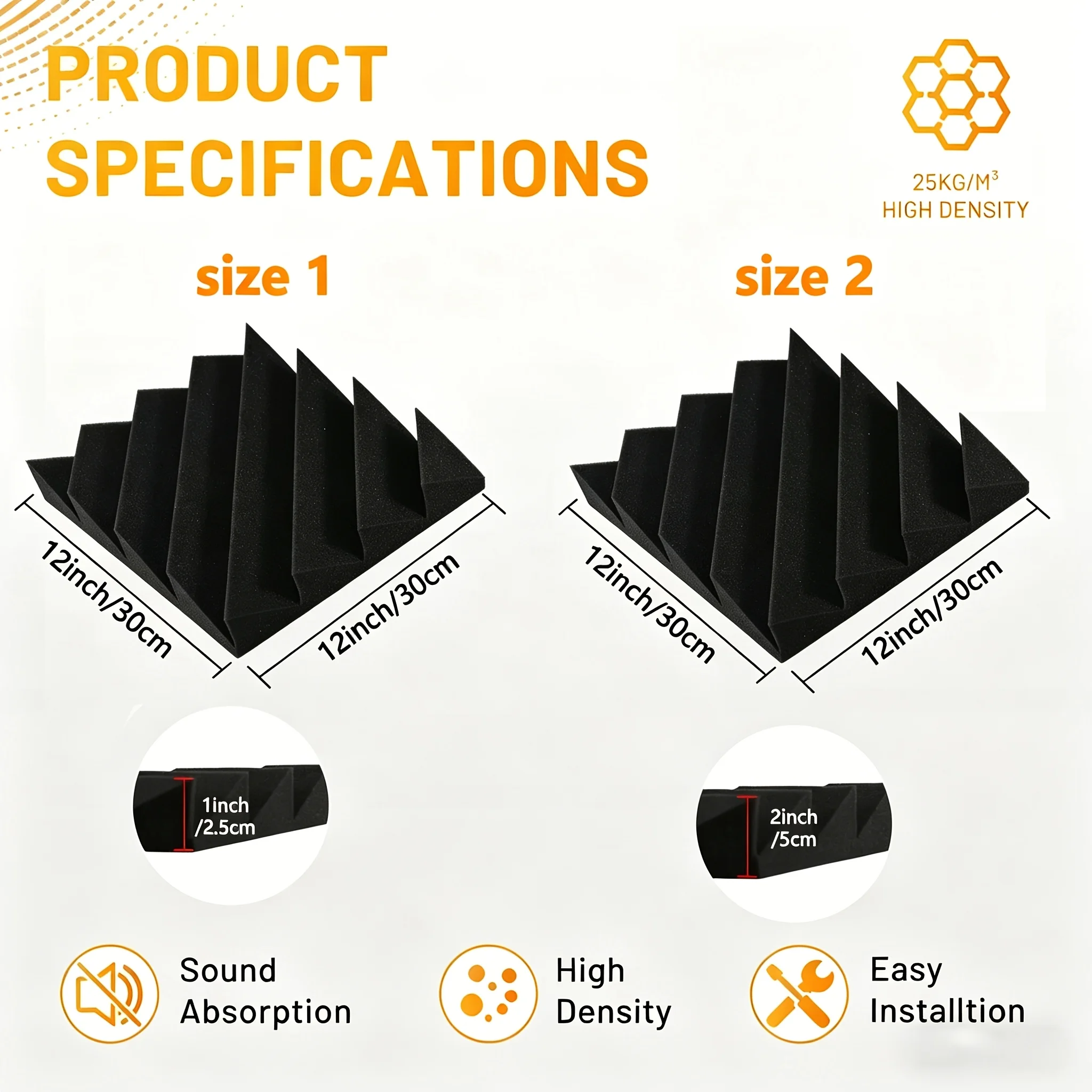 HERTBER 12/24Pcs Black Wedge Acoustic Foam Panels 30×30×2.5/5cm Cuttable DIY Sound Panels with Double Sided Adhesive