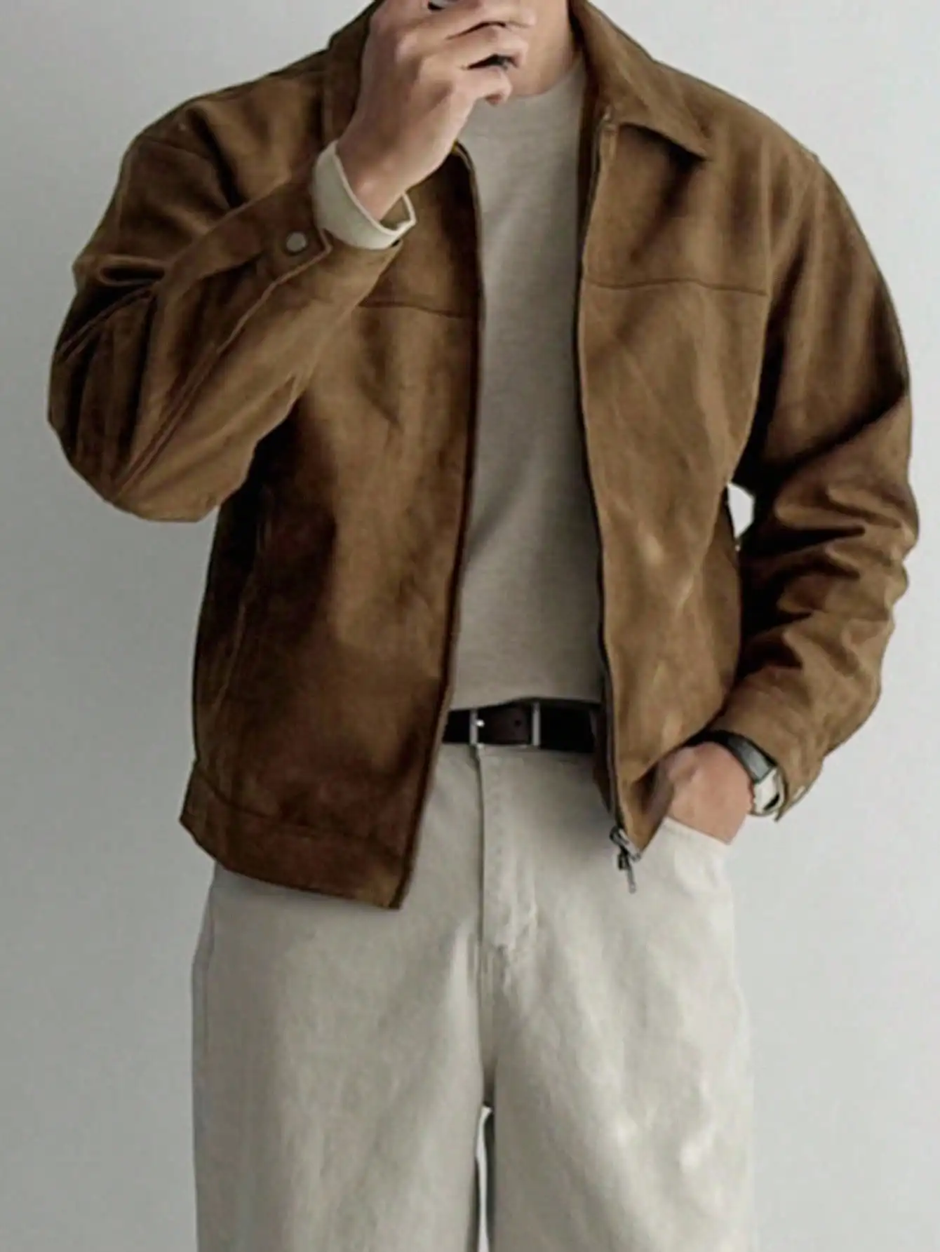 Men's Brown Suede-Texture Zip-Up Jacket, Casual Autumn Outerwear