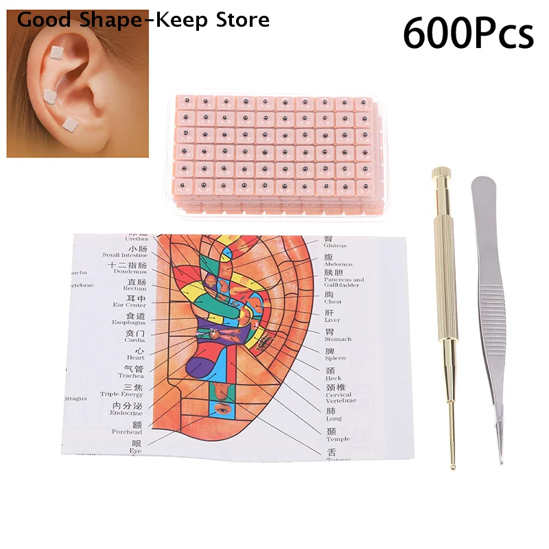 4 In 1 Set Acupuncture Auricular Sticker Kit 600pcs With Multi-Condition Ear Seeds Acupressure Chart Tweezer Auricular Probe
