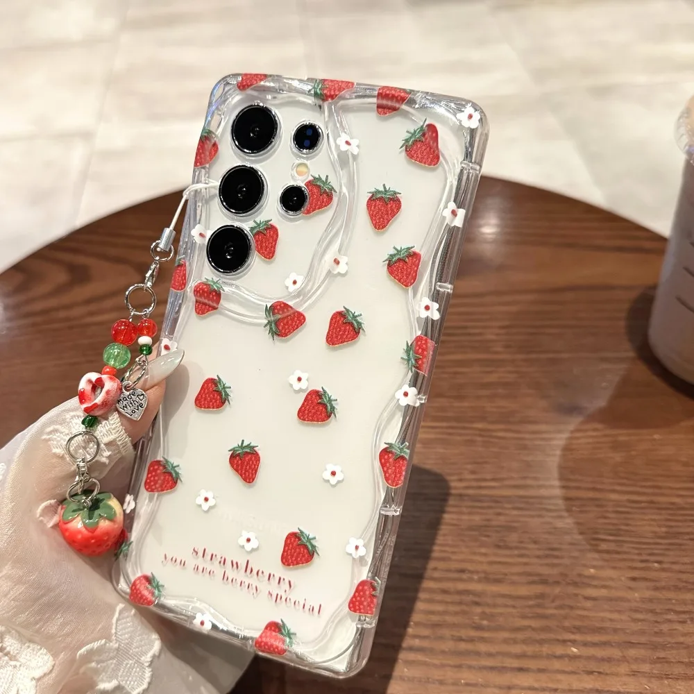 Cute Strawberry Pattern Phone Case For Samsung Galaxy S26 S25 S24 Ultra S23 S22 Plus S25 FE A55 A54 A34 A33 Transparent Cover