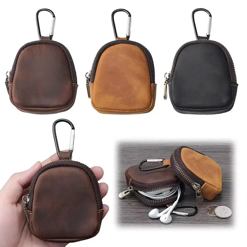 Genuine Leather Coin Purse Retro Small Zipper Pouch for Coins Earphones Accessories 4 Colors, Full Grain Cow Leather