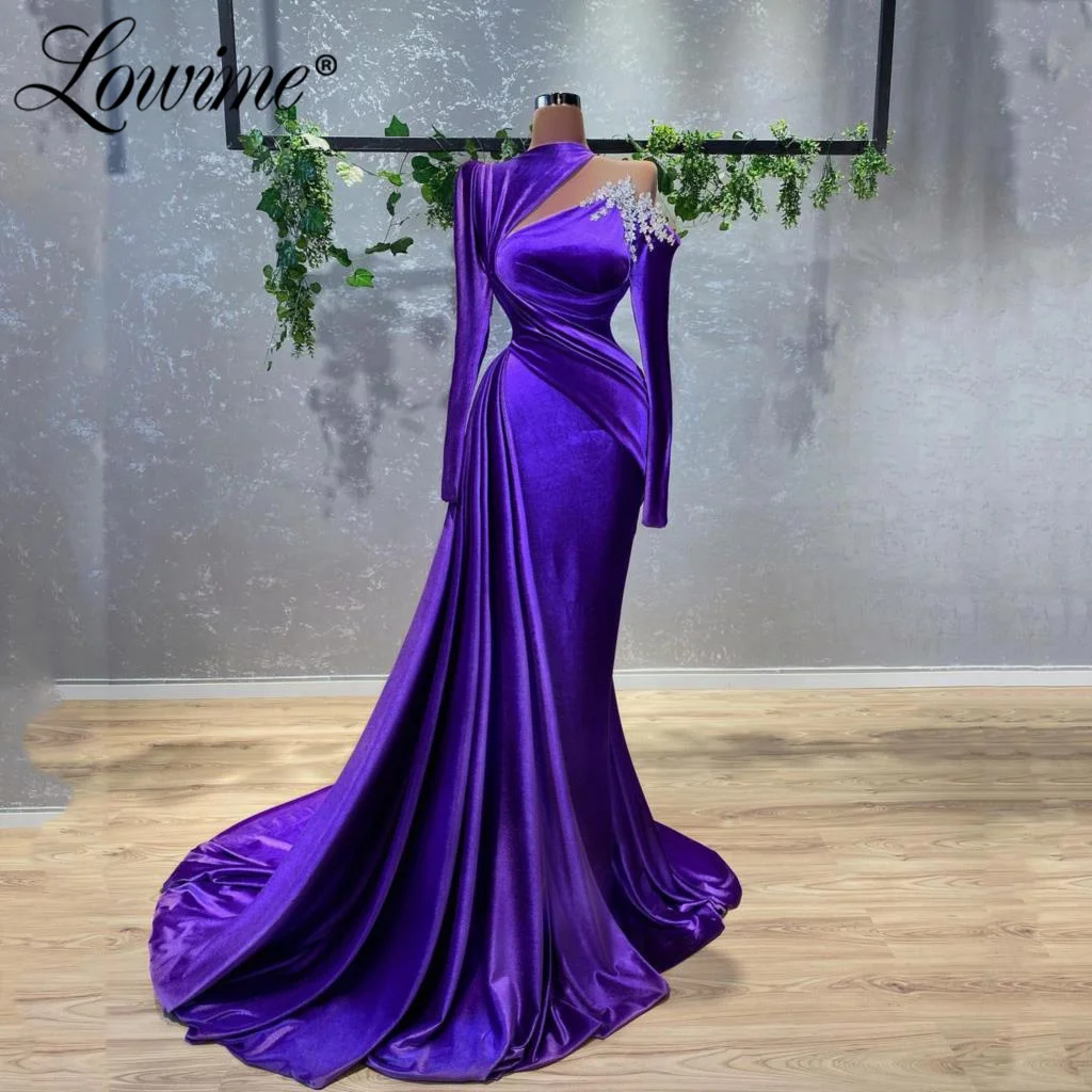 

Lowime 2022 Long Sleeve Mermaid Elegant Evening Party Robes Formal Gown Purple Bride Dress Vestido De Festa Prom Dresses