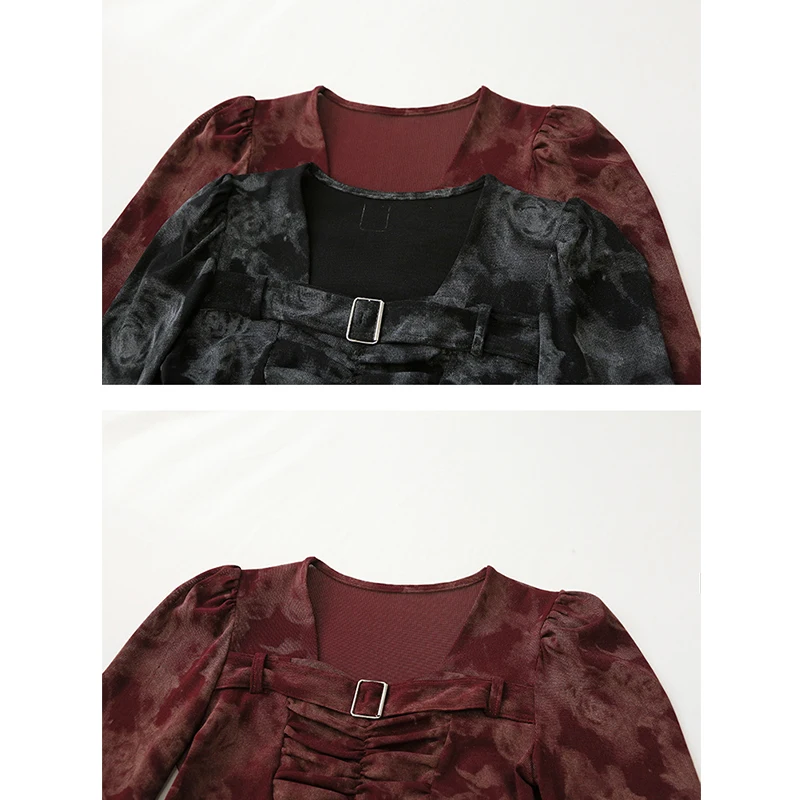 Czarny, koreański, styl, siateczka, koszulka, szykowny, seksowny, kwadratowy kołnierzyk, drukuj, drapowany, łączony, elastyczny, cienki, damski, topy, długi rękaw, koszulki, nowy, 51301