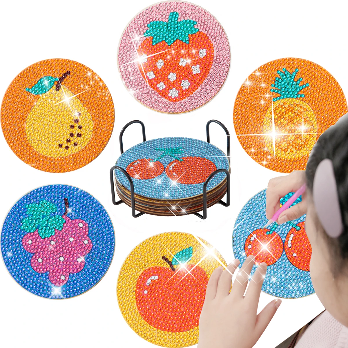 

RUOPOTY 6Pcs DIY Diamond Fruit Painting Coaster Rhinestones Embroidery Coaster Cup Cushion with Rack Table Placemat Cup