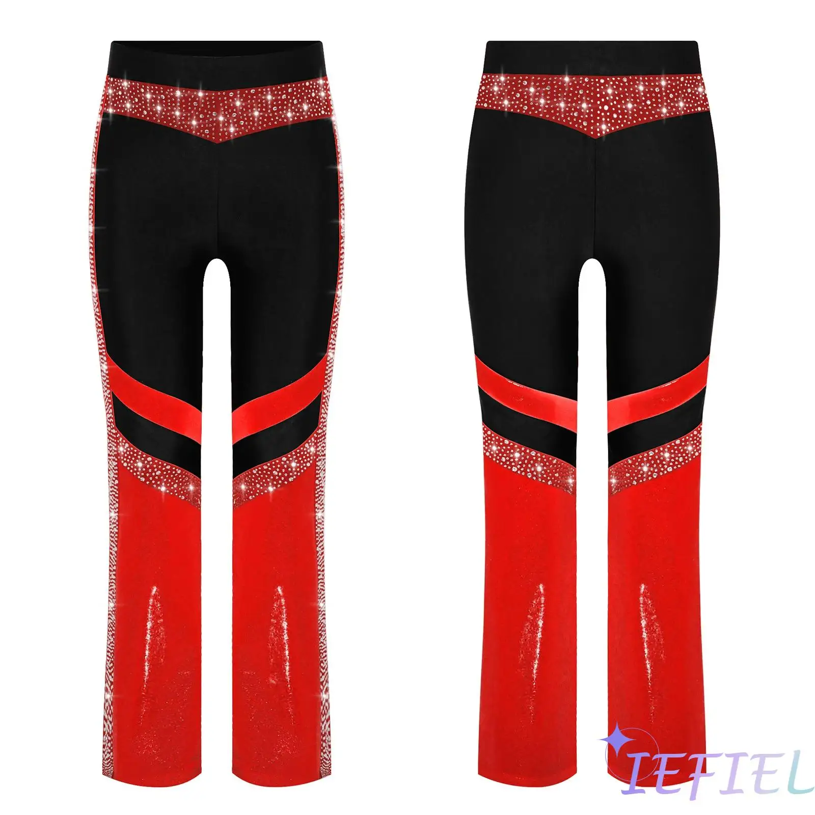 

Girls Ballroom Dance Trouser Gymnastics Acrobatics Costume Shiny Rhinestone Flared Pants Color Block Bell-Bottomed Trousers