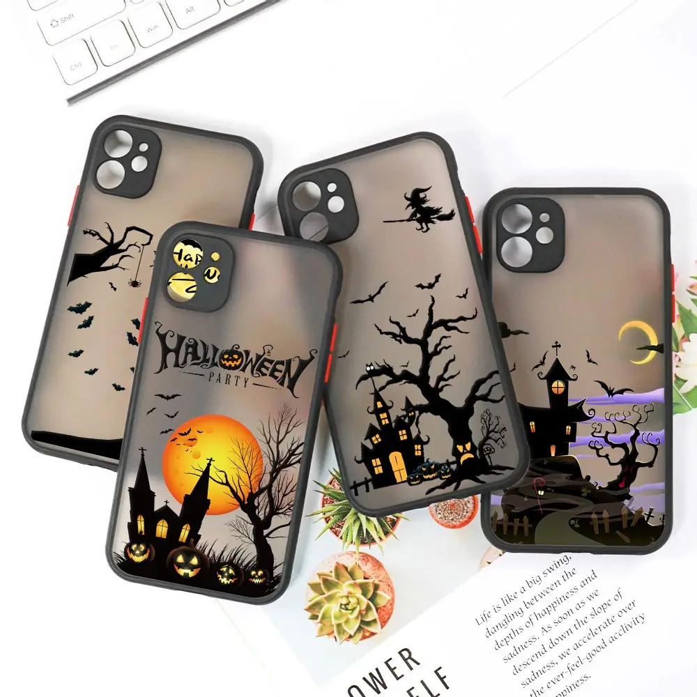 Happy Halloween Clear Case For iPhone 14 13 Pro Max 12 11 Pro SE 2020 X XS XR 7 8 Plus Matte Back Cover Castle Pumpkin Bat Witch