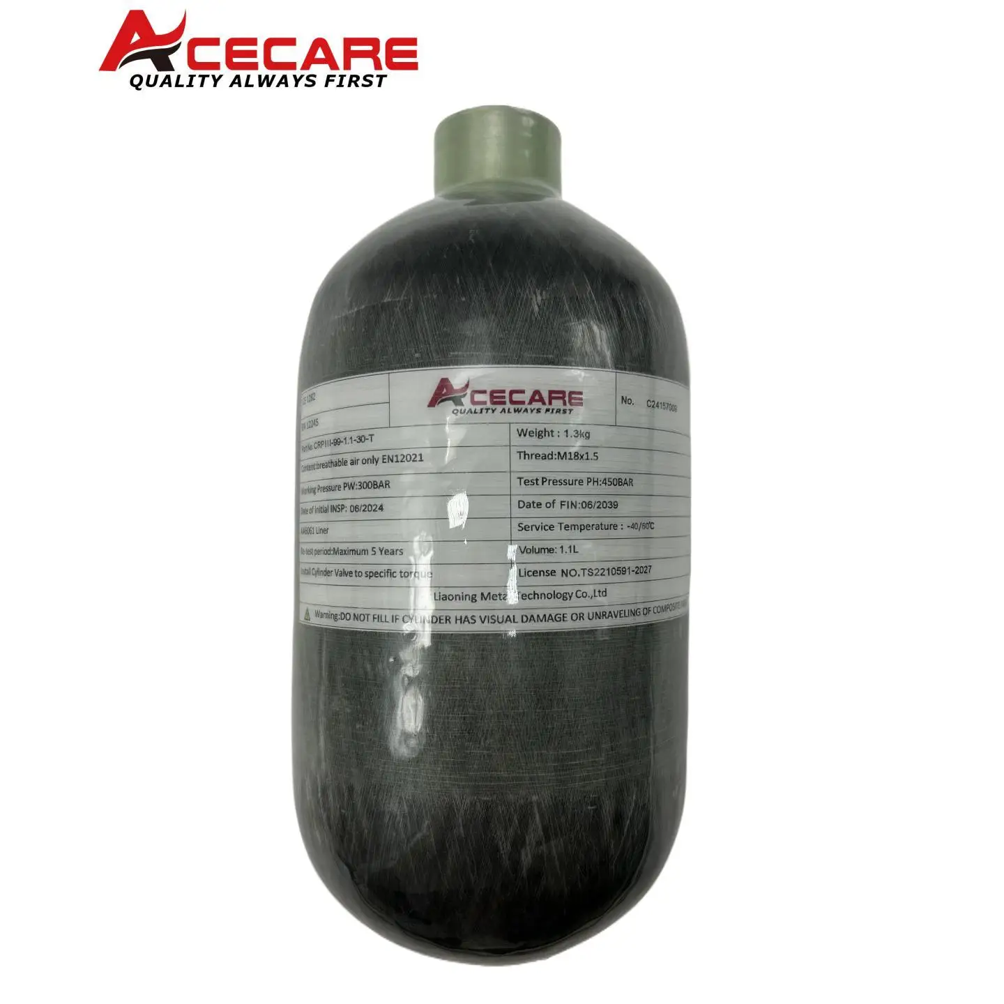 ACECARE 4500PSI 300BAR 30MPA 1.1L Carbon Fiber Cylinder CE Scuba Diving Cylinder HPA Bottle High Pressure Tank M18*1.5