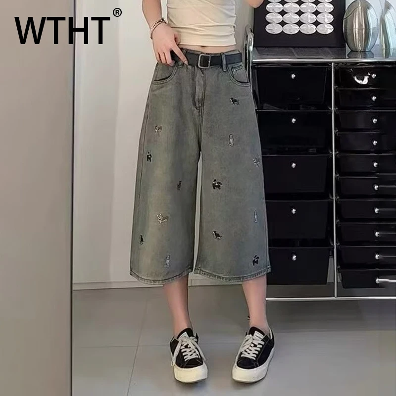 

WTHT винтажные мужские прямые свободные джинсовые шорты с вышивкой, модные летние шорты в американском стиле 2025 года, мужские короткие брюки с высокой талией 2A1108