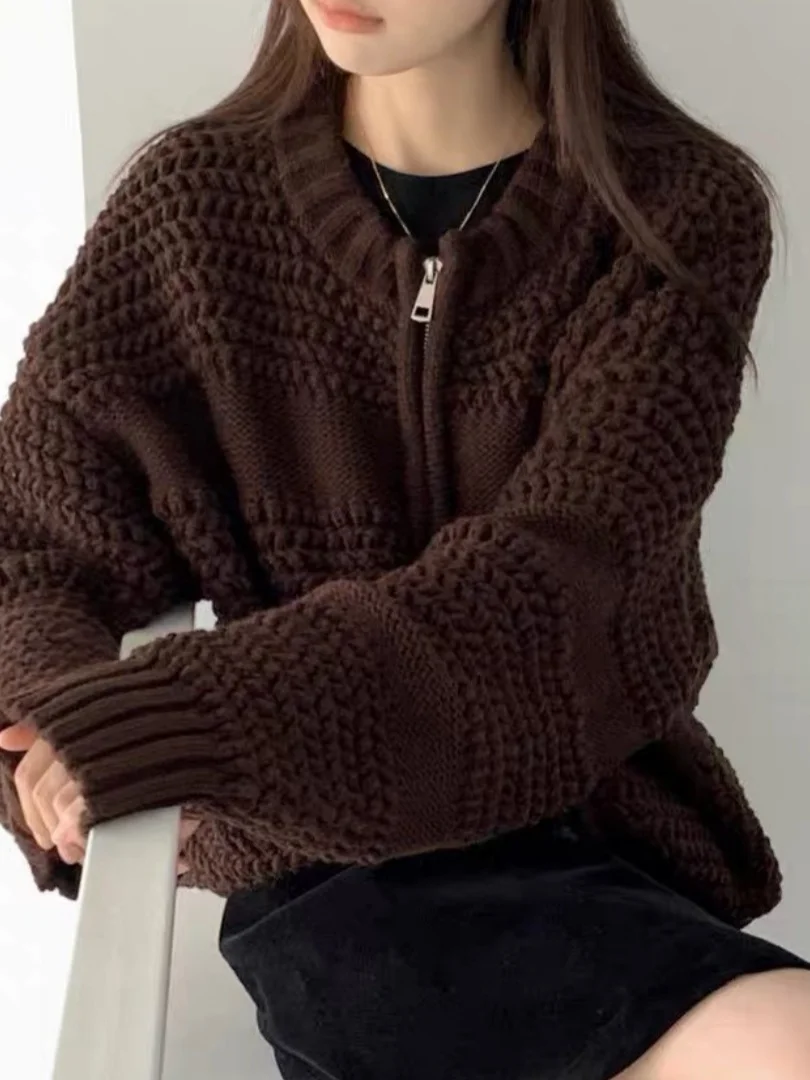 Vintage Pineapple Needle Knit Thickened Cardigan Women's Loose Style Autumn Winter Outerwear Korean Style Long Sleeve Zipper ...