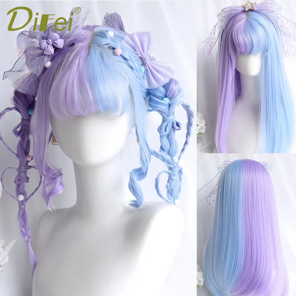 DIFEI Double-color Wig Headgear Synthetic Wig Female Double-color Lolita Straight Bangs Natural Chemical Fiber Wig Cos Headgear image 2