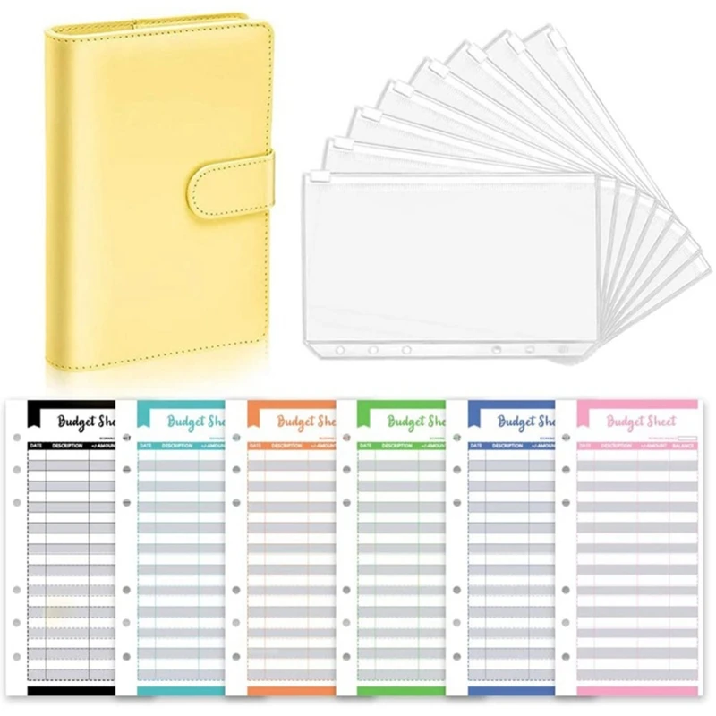 Y1UB Notebook Binder Contain 1 Binder 8 Transparent Zipper Bags and 12 Budget Sheet 6 Colors 2 Budget Sheets for 1 Color