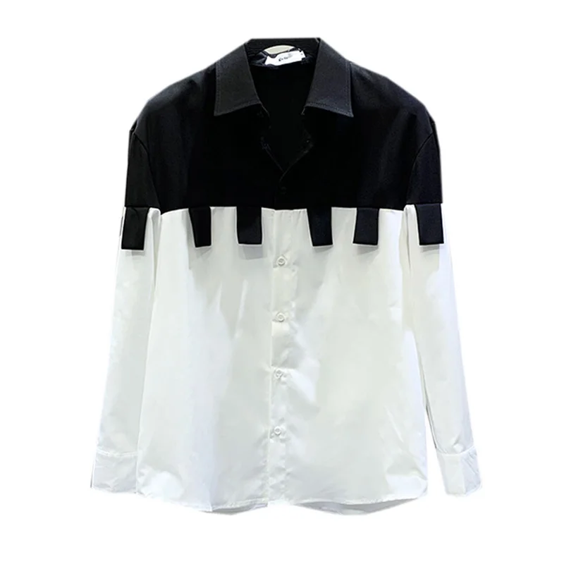 PFHQ Niche Design Color Contrast Patchwork Tassel Ribbon Men\'s Original Shirt Long Sleeve Elegant Trendy 2023 Spring New Tops
