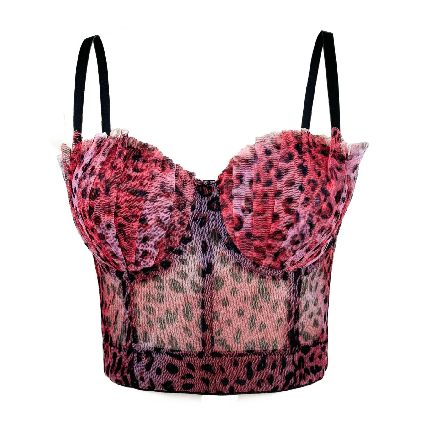 Sexy Mesh Pleated Leopard Print Lady Corset Chic Animal Print Bustier Transparent Party Tank Top Nightclub Girl Events Crop Top