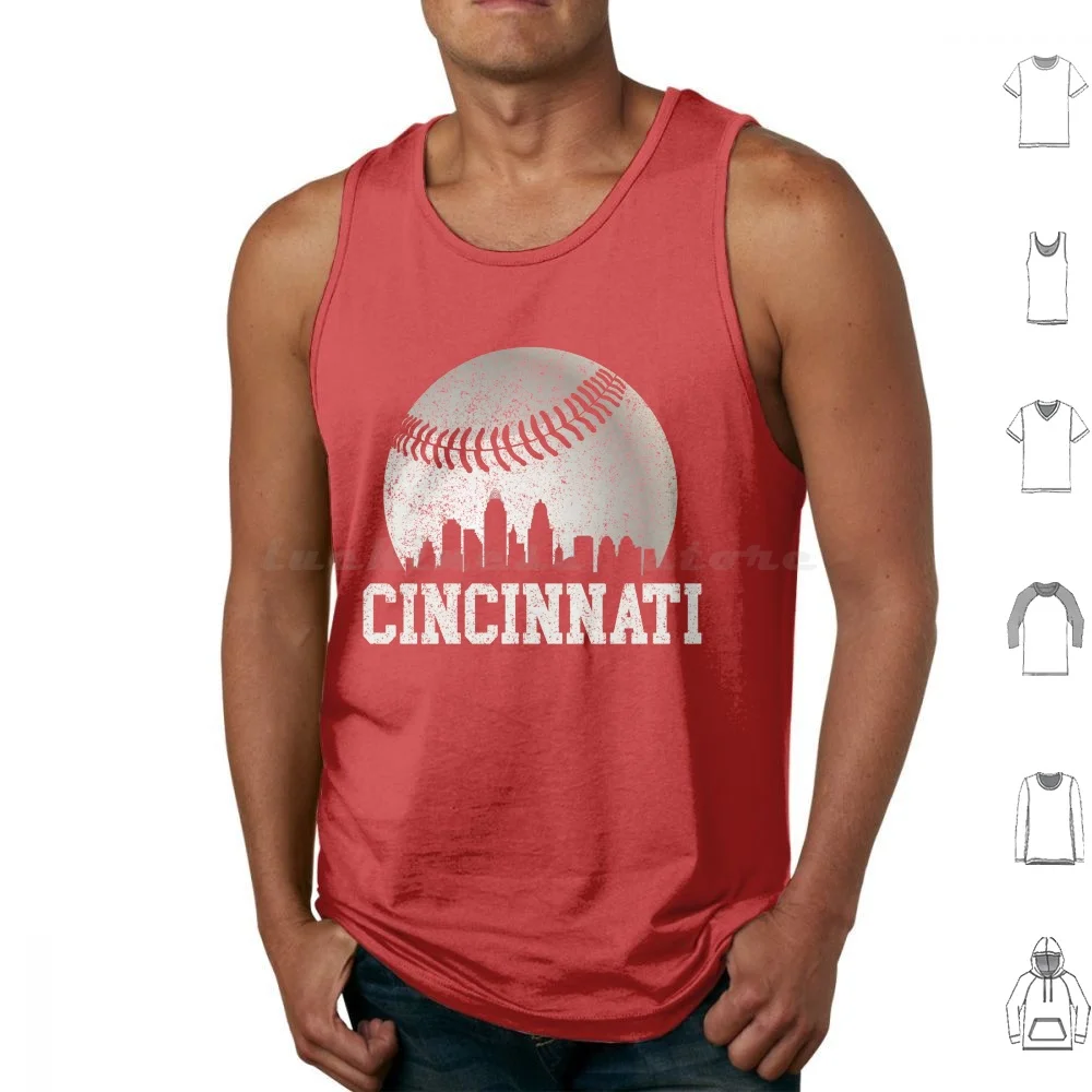 Vintage Cincinnati Skyline Baseball Retro Red Color Gameday Tank Tops Print Cotton Cincinnati Baseball Reds Baseball