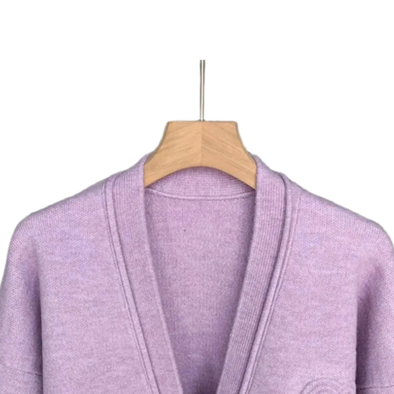 New 2024 Winter Women Sweater Purple Loose Cardigan V-Neck Buttons High Street Elegant Chic Stunning Fashion Design Trendy M