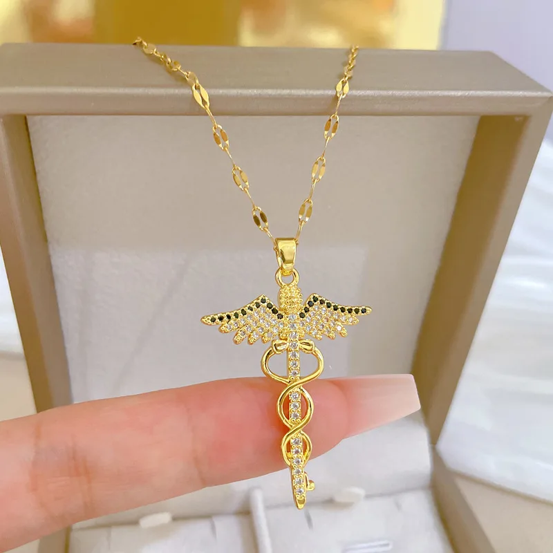 Stailess Steel CZ Angle Wings Necklace Snake Ouroboros Magic Wand Caduceus Asclepius Necklaces Emergency Medical Movies Jewelry