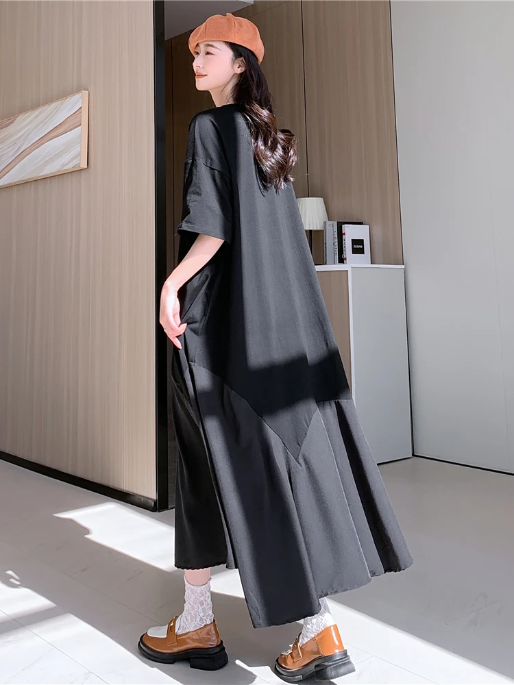 NYFS 2025 فستان صيفي فضفاض حجم كبير غير منتظم هيم فساتين طويلة رداء Elbise كم قصير النمط الكوري فستان امرأة الصلبة #3