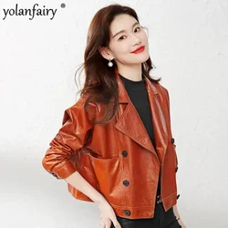 2022 Autumn New Genuine Leather Coat Women Top Layer Cowhide Orange Yellow Leather Jacket Big Pocket Lapel Leather Tops Abrigos