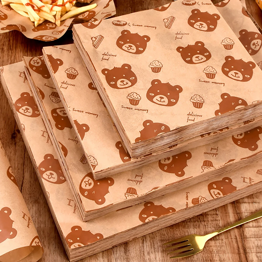 100 Sheet Baking Oil Paper Cute Bear Sandwich Bread Burger Fries Wrapping Paper Oil-Absorbing Kitchen Backing Mat