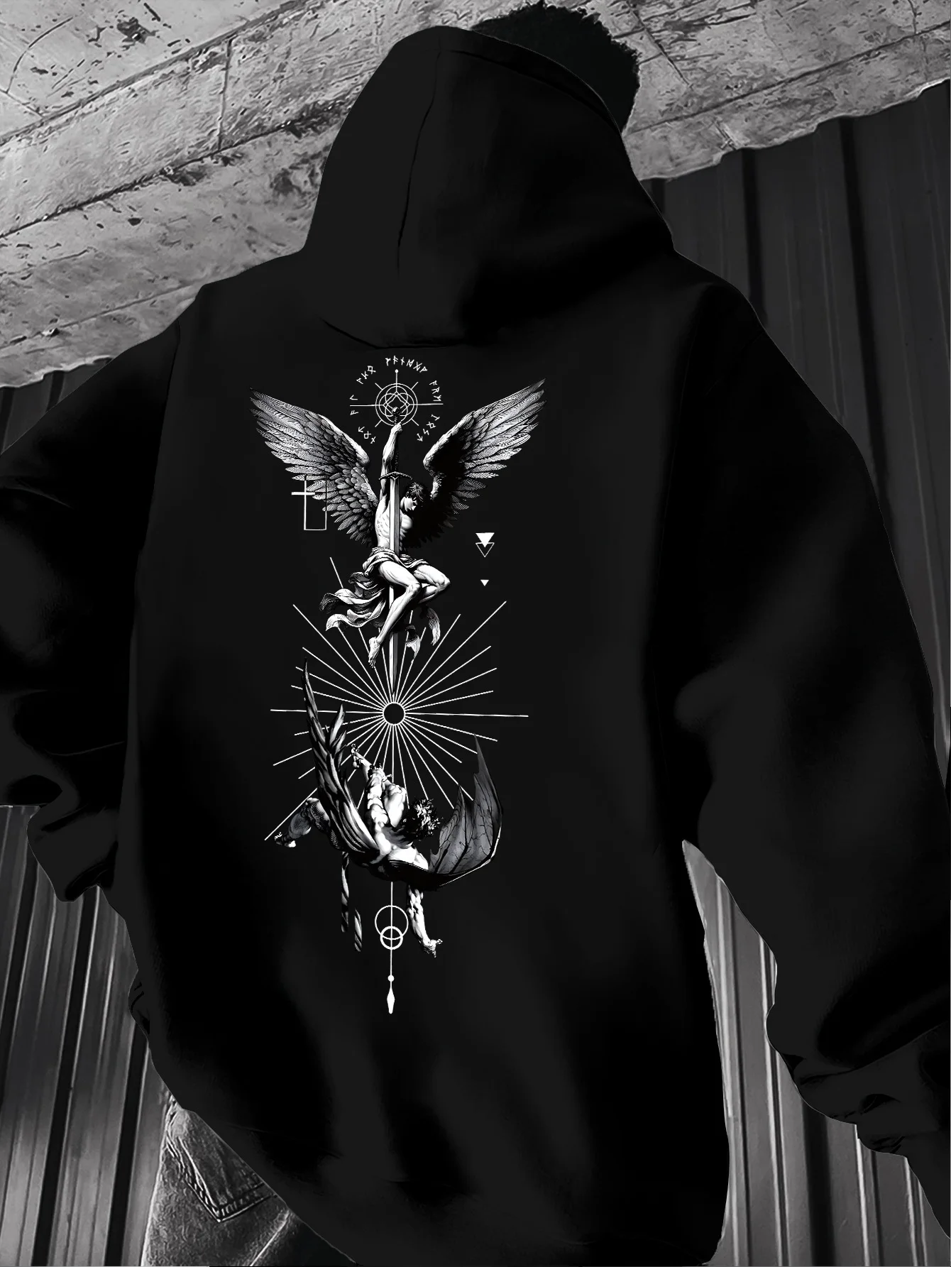 Men'S Gothic Angel And Tarot Print Hooded Sweatshirt - Long-Sleeved Casual Pullover Shirt，Multifunctional Street Style