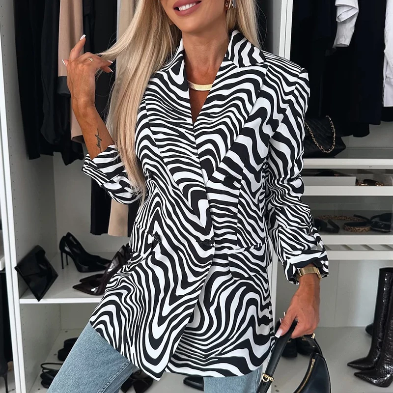 

Office Fashion Zebra Printed Slim Women Jacket Elegant 2024 Notch Collar Long Sleeve Coats Temperament Ladies Pockets Outwear