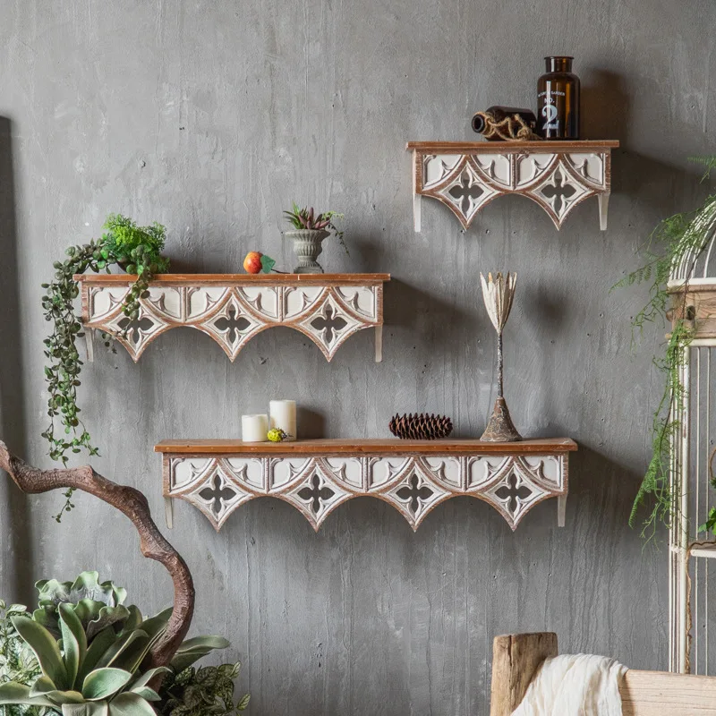 wall decoration American-style distr essed dining room storage rack, café feature wall decorat ion with carved shelves