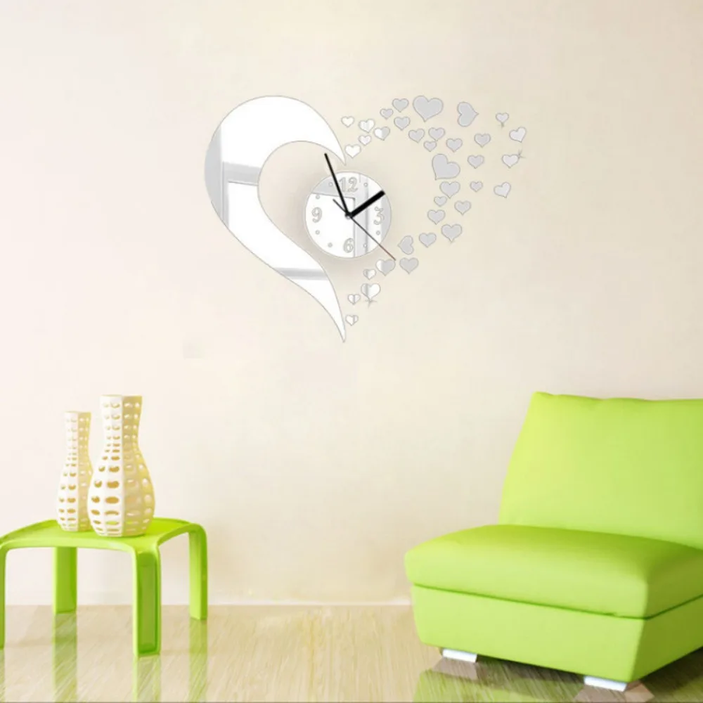 Half moon curved heart wall clock mirror wall clock DIY mirror decoration creative art clock living room bedroom decoration
