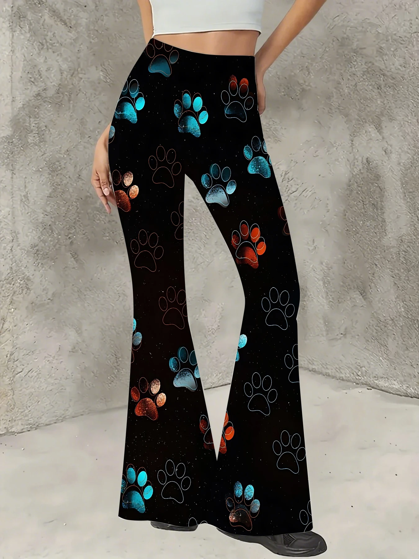 

Retro Printed Flare Pants Women High Waist Polyester Knit Bell Bottom Trousers