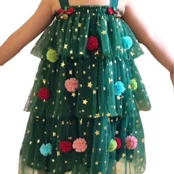 2024 Summer Christmas Kids Girl Dress Print Sleeveless Layered Tulle Dress Plush Ball Hat Xmas Clothes Girl'S Birthday Present