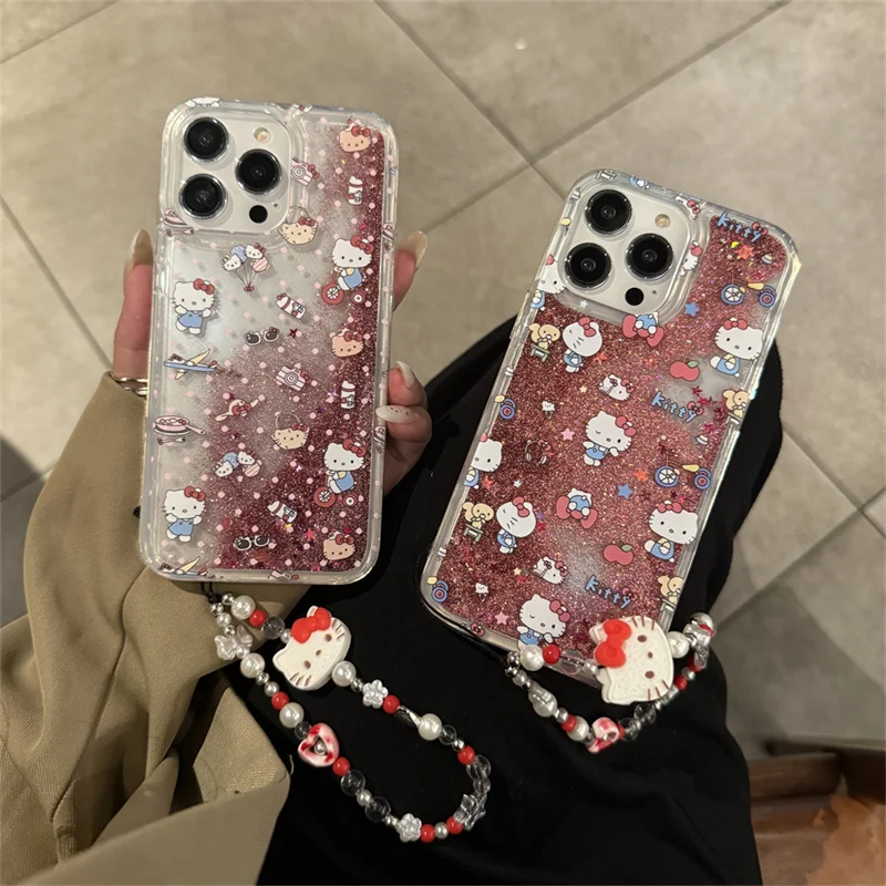 

Luxury Cute Cartoon Hello Kitty Bear KT Liquid Quicksand Bling Glitte Phone Case For iPhone 12 11 13 14 15 16 Pro Max KT Cover