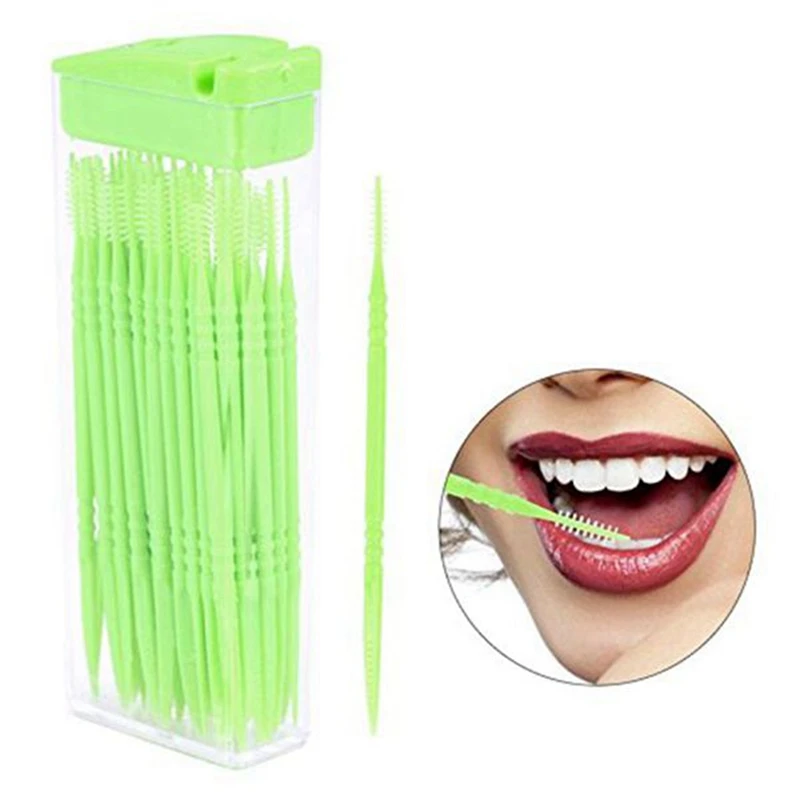 500 Pcs Plastic Toothpicks 2 Way Tooth Picks Interdental Brush Cleaners Portable Box Random Color