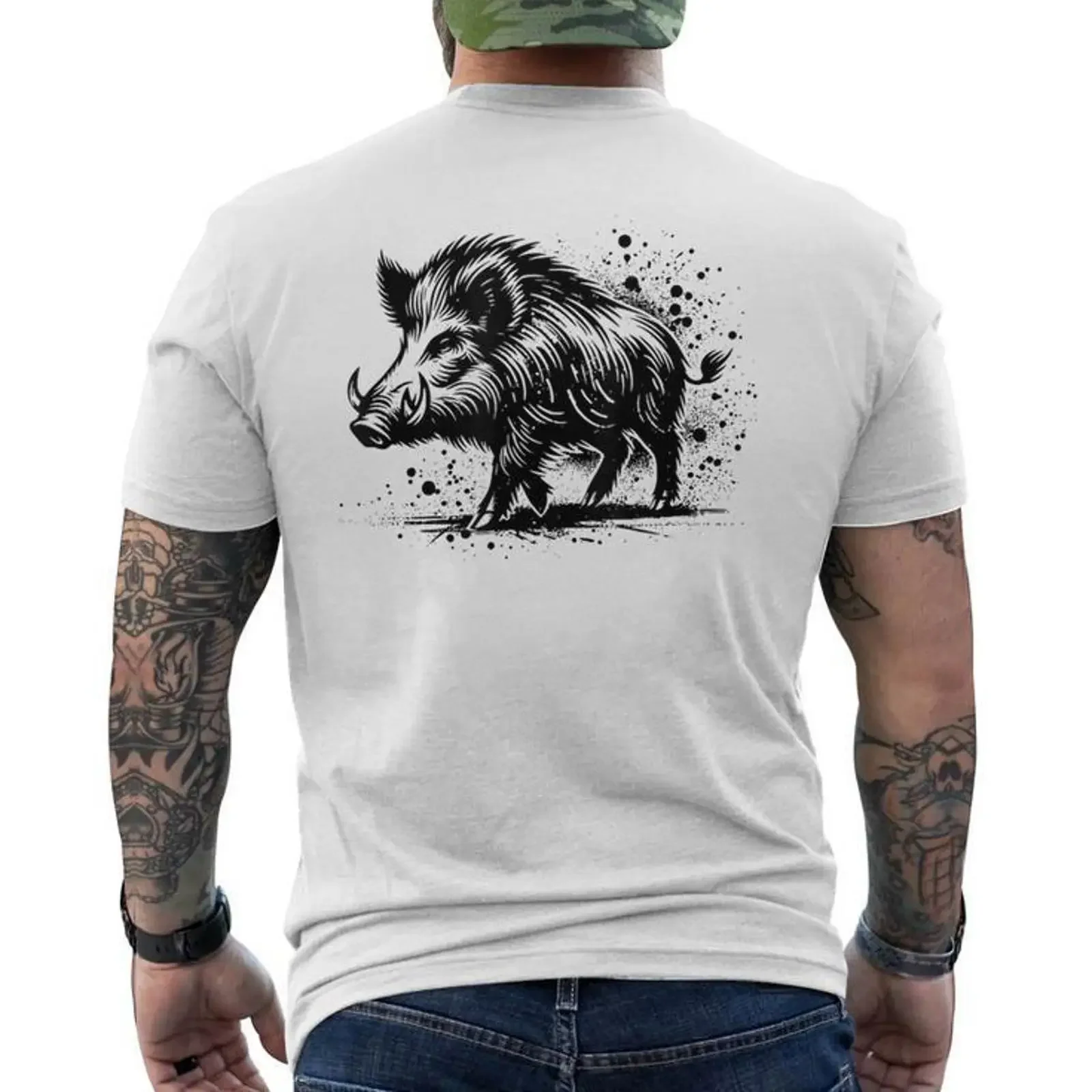 Chasseur Sanglier Motiv Chasse T shirt imprimé au dos vintage Washed Top For Everyday Wear Versatile homme Breathable graphic