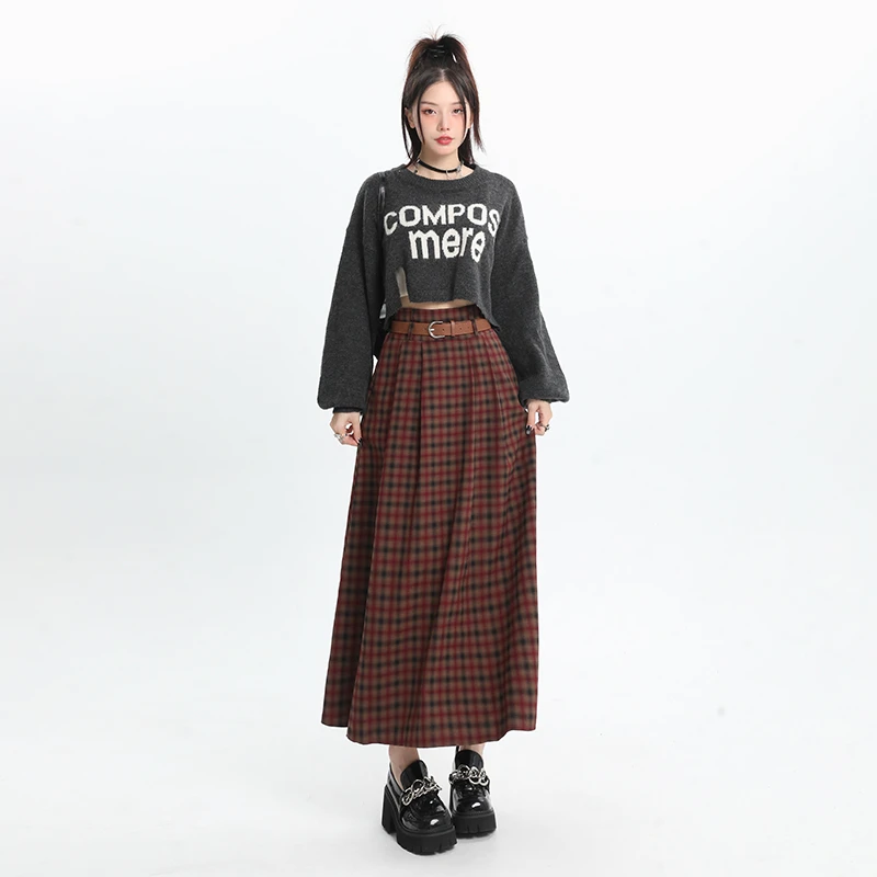 Fashionable and Elegant American Red Plaid Skirt for Women, High-Waisted and Slimming A-Line Style, Autumn, 2024