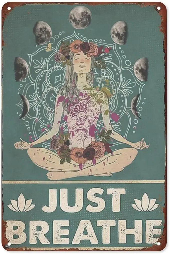 Retro Yoga Girl Tin Sign Wall Decor Just Breathe Yoga Funny Inspirational Quote Wall Art Vintage Yoga Girl Tin Sign For Hom sign
