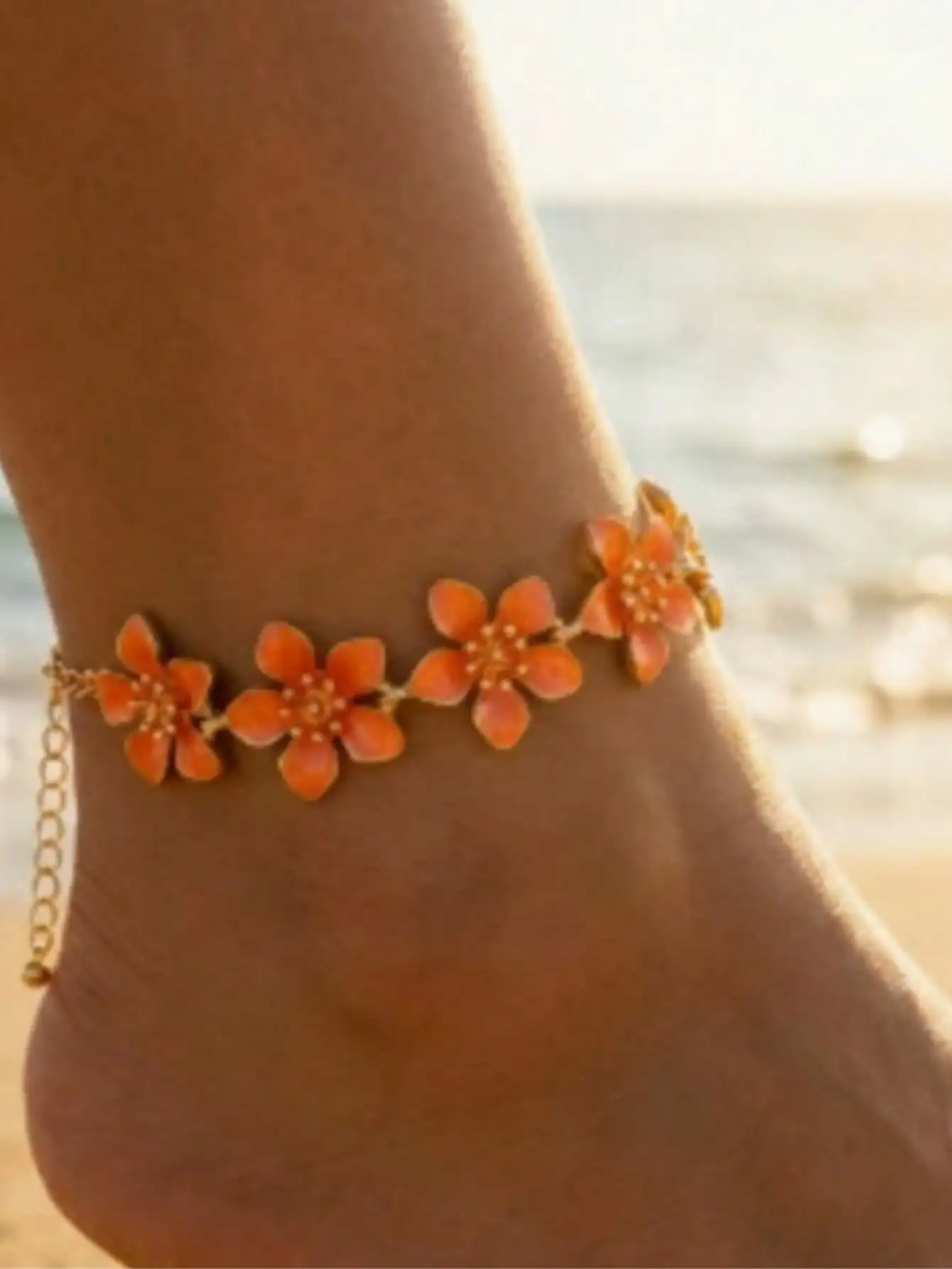

1pc Bohemian Orange Flower Anklet, Vintage Enamel Floral Vacation Style Foot Jewelry Suitable For Women's Daily Wear
