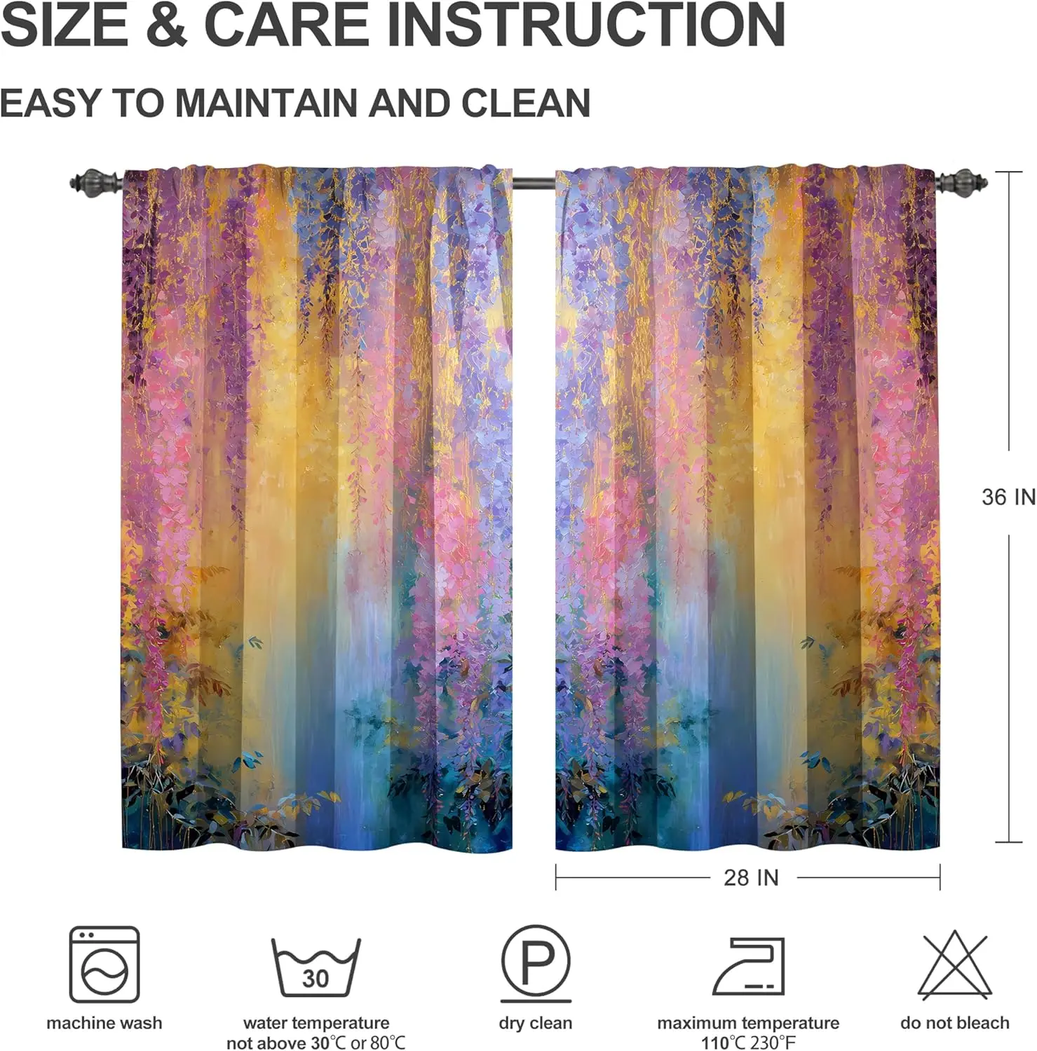Wisteria Floral Abstract Print Curtains Colorful Spring Flower Design for Living Room Bedroom Home Decor