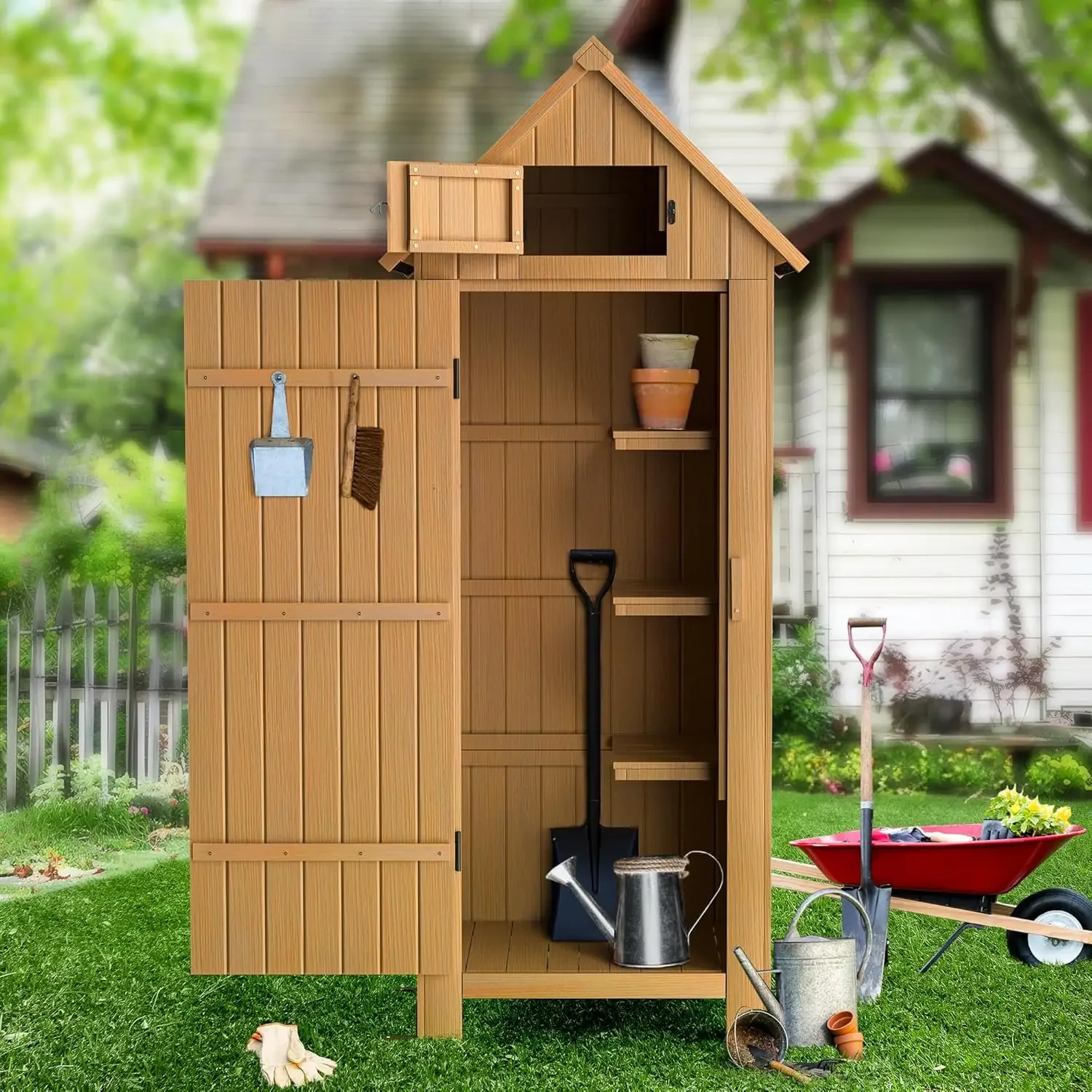 Outdoor Storage Shed with Floor, Wooden Garden Tool Storage Cabinet, 70” Tall Water-Resistant Outhouse Kit for Deck, Pati