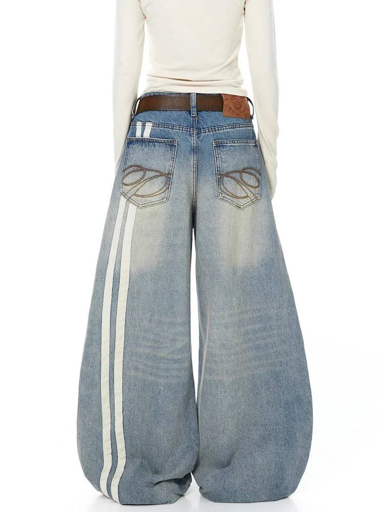 

Retro American Vintage Distred Plaid Splicing Knife Wide Leg Jeans Women Spring Design Slimming Casual Denim