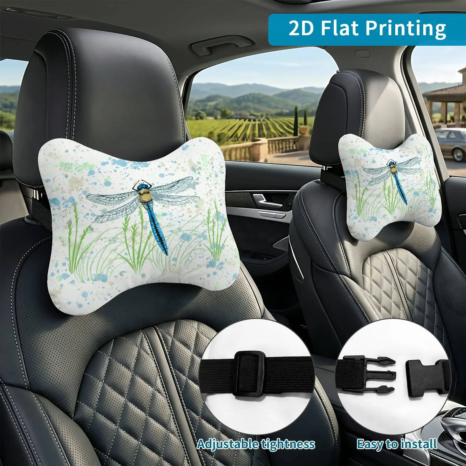 2pcs Dragonfly Watercolor Garden Car Seat Headrest, Neck Support Cushion, Suitable For All Seasons Of Car Additions, Nature Them