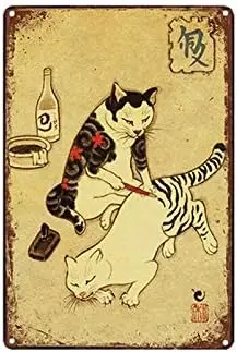Licpact Japanese Samurai Cat Tattoo Wall Art Metal Tin Sign 