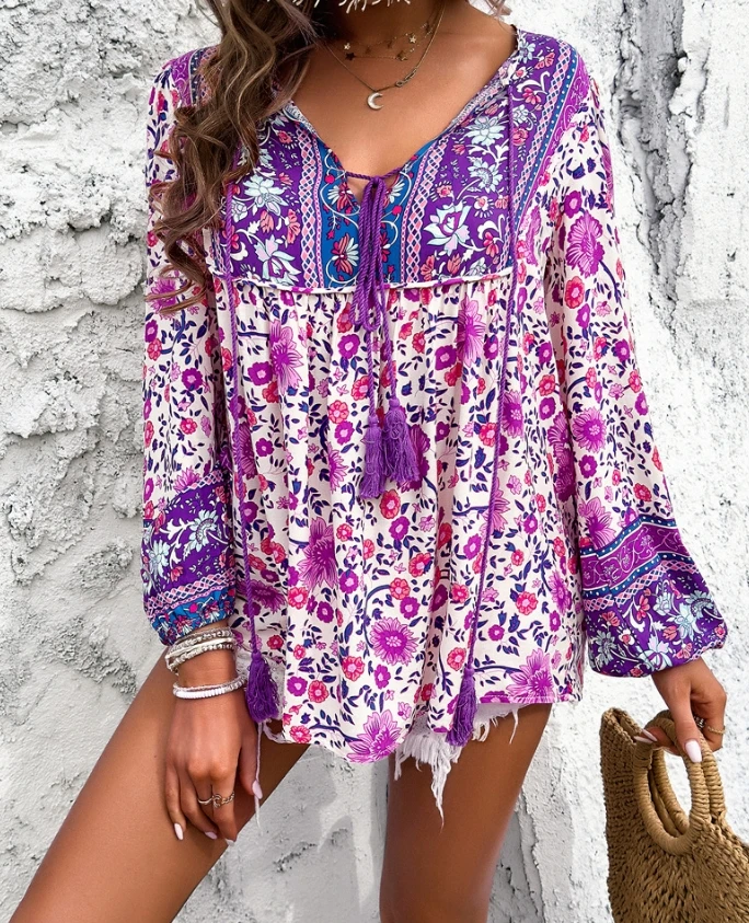 Summer Women\'s Blouse Casual Vacation Bohemian Printed Long Sleeved Shirt 2024 Elegant Women\'s Sexy Temperament Loose Top