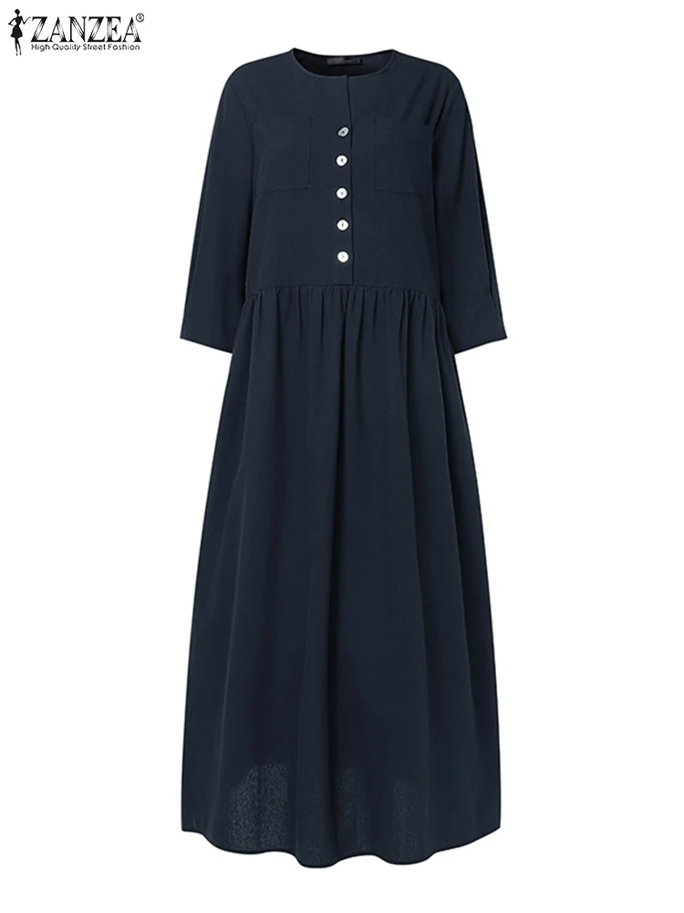 Stylish Women Dresses 2024 Autumn Spring Shirt Dress ZANZEA Elegant 3/4 Sleeve Baggy Work Sundress Summer Maxi Long Dress Robe