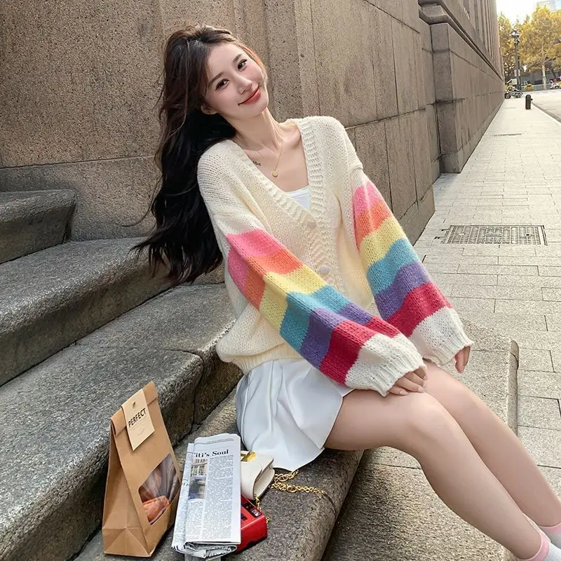 Knitted Cardigan Women\'s Spring and Autumn New Style Temperament Versatile Fashion Rainbow Contrasting Sweater Jacket