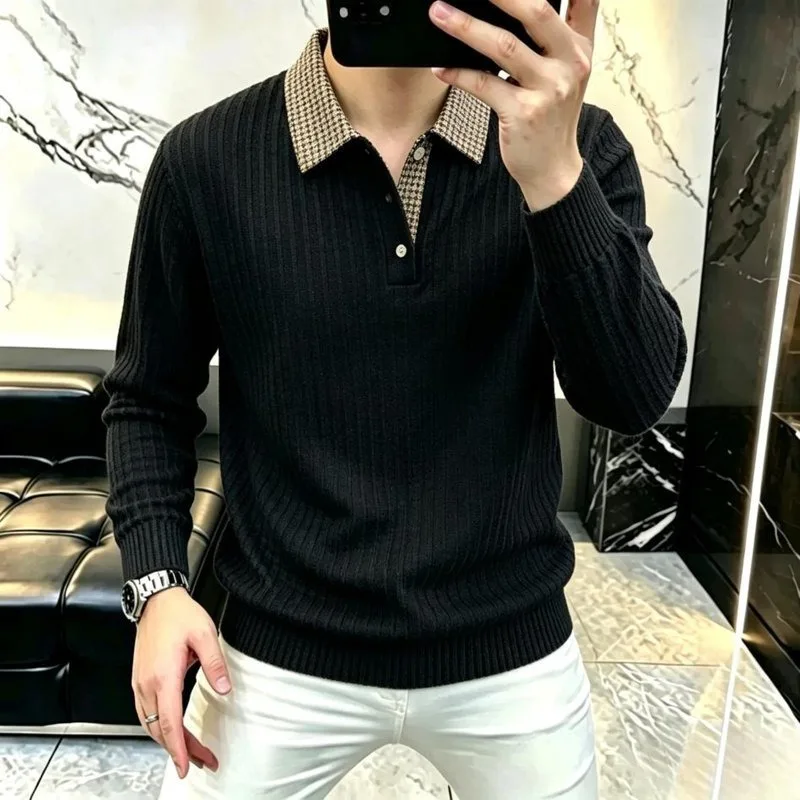 Autumn Striped Knitted Lapel T-shirt for Men Casual Business Base Shirt Trendy Versatile Social Office Streetwear Tee Top
