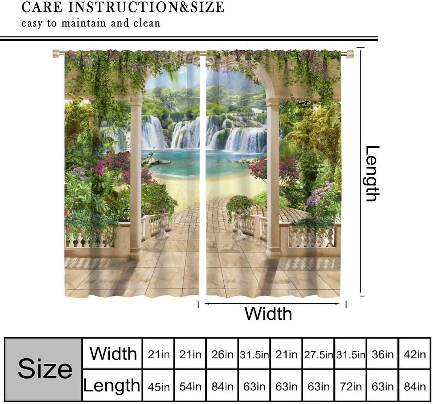 3D Waterfall Curtain Tropical Garden Archway View Print for Living Room Window Decor