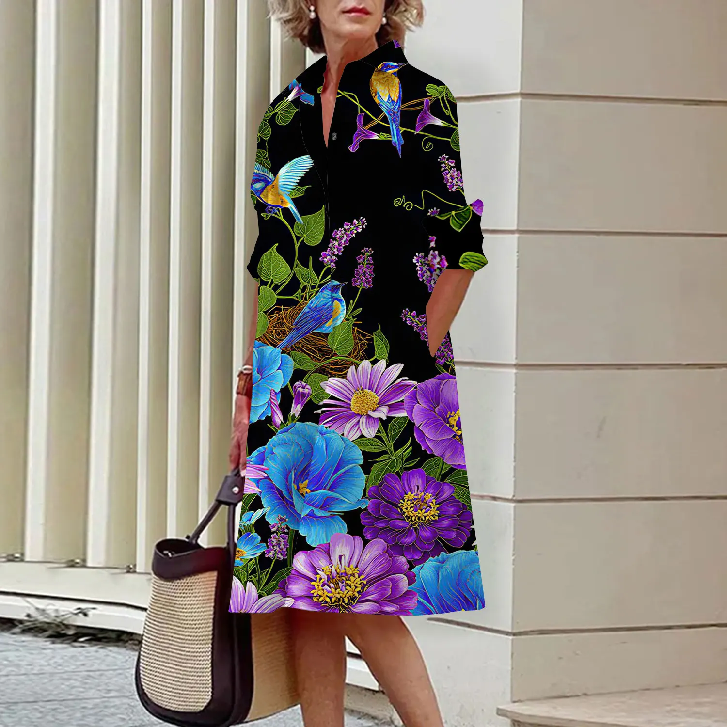 Vestido camisero con estampado Floral para mujer, elegante vestido Midi de manga larga con solapa informal de verano, camisa de calle de moda de alto temperamento