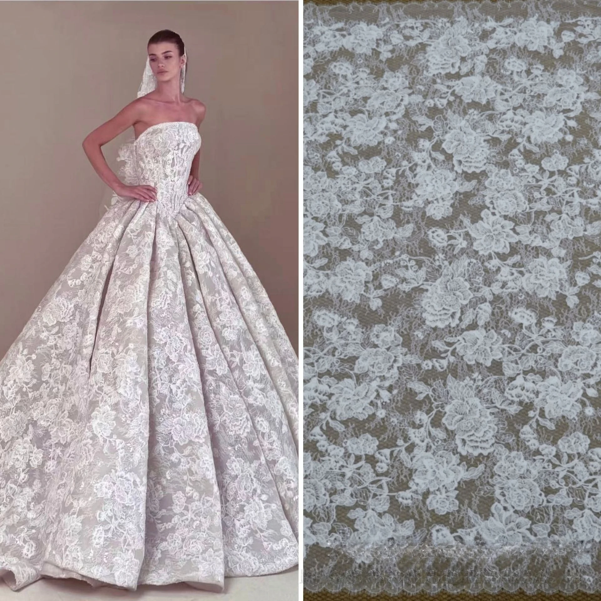 

High Quality Mesh Bottom Soft Lace Embroidery Bead Embroidery Lace Lace Fabric Can DIY Fashionable Wedding Dresses and Gowns