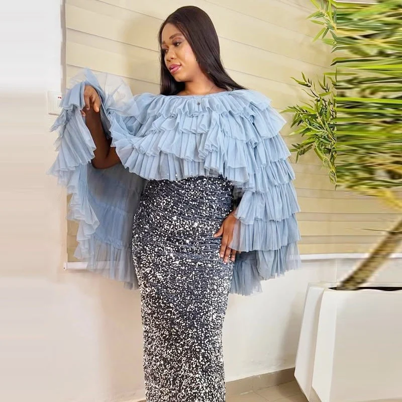 

Небесно-голубой многоярусный тюлевой топ-накидка в стиле высокого низкого тюлевого плаща Женская куртка любого цвета и размера в наличии Формальная одежда Топы для вечеринок