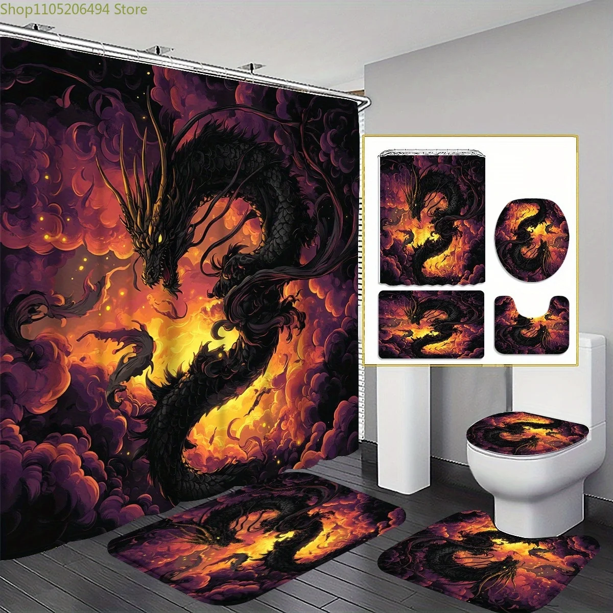 

1/3/4 шт. Набор занавесок для душа «Дракон» с ковриком для ванной, U-образной накладкой и крышкой для унитаза — высококачественная занавеска для ванной 180x180 см с 12 крючками, искусственная
